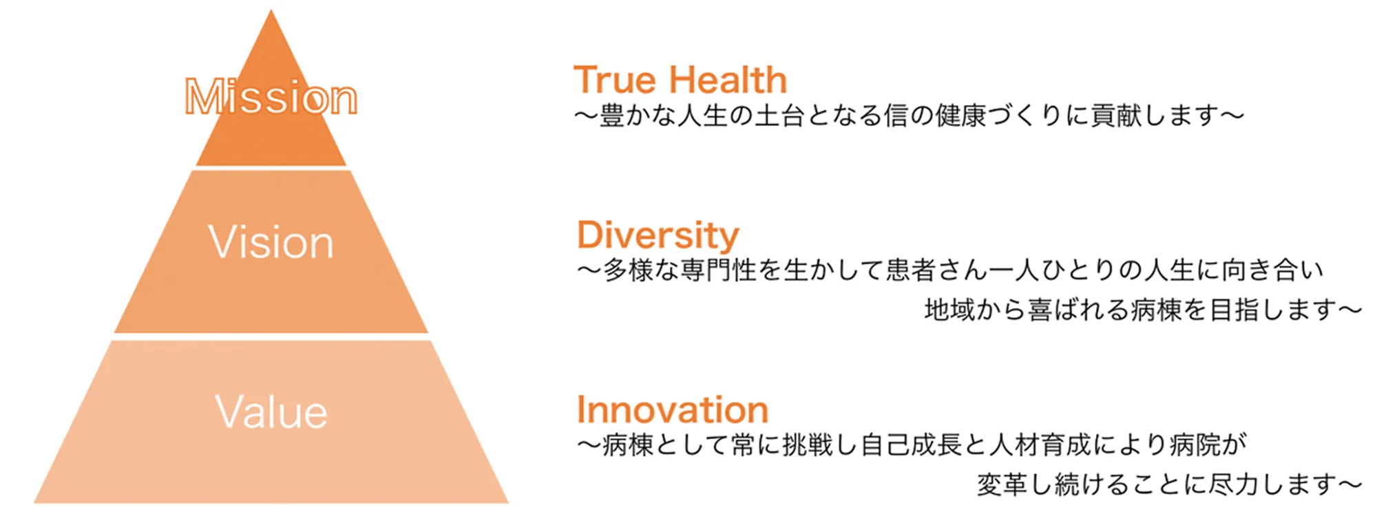 ミッション：True Health 〜豊かな人生の土台となる信の健康づくりに貢献します〜／ビジョン：Diversity 〜多様な専門性を生かして患者さん一人ひとりの人生に向き合い地域から喜ばれる病棟を目指します〜／バリュー：Innovation 〜病棟として常に挑戦し自己成長と人材育成により病院が変革し続けることに尽力します〜